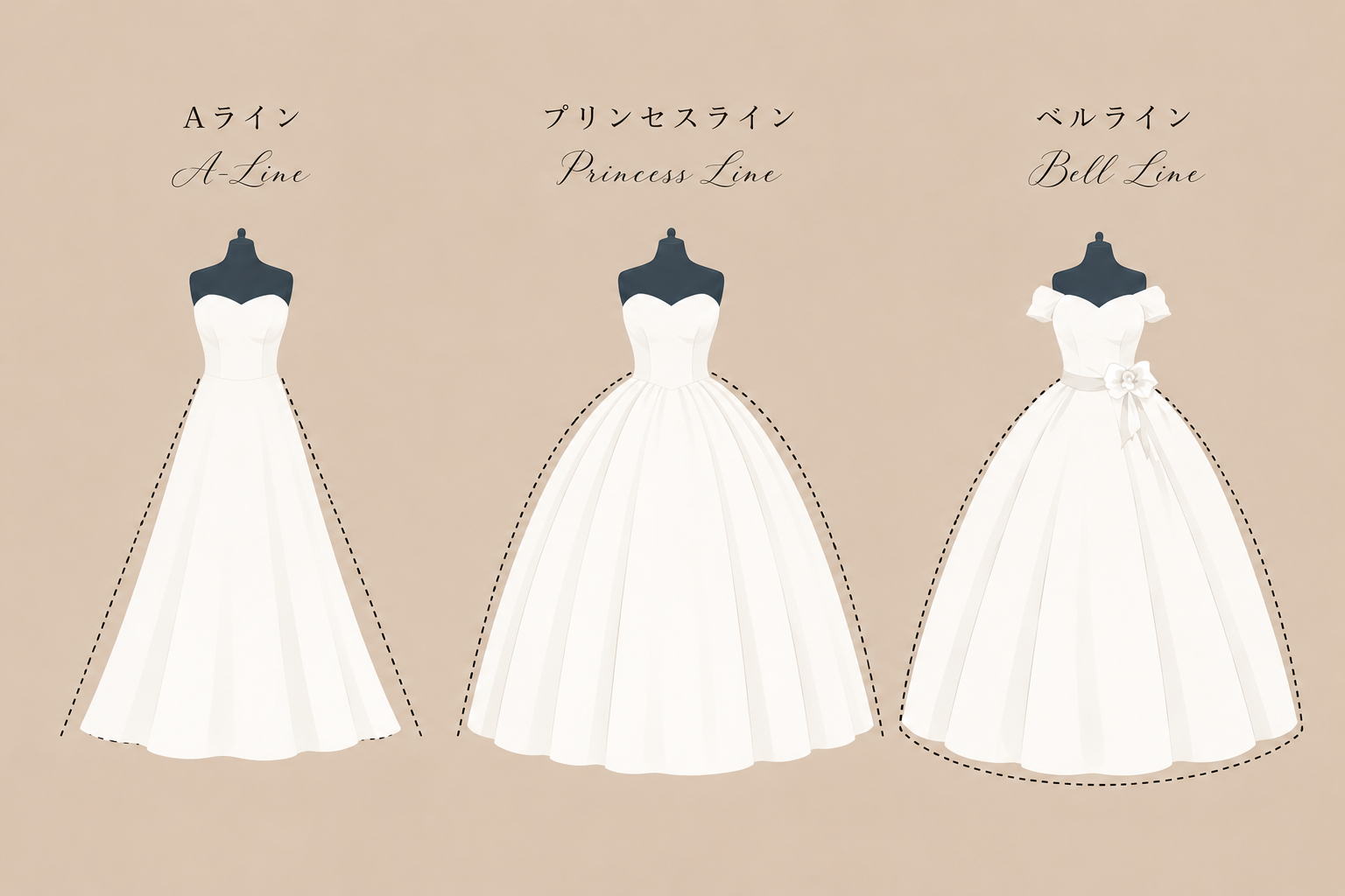 「Aライン」「プリンセスライン」「ベルライン」の違いを比較