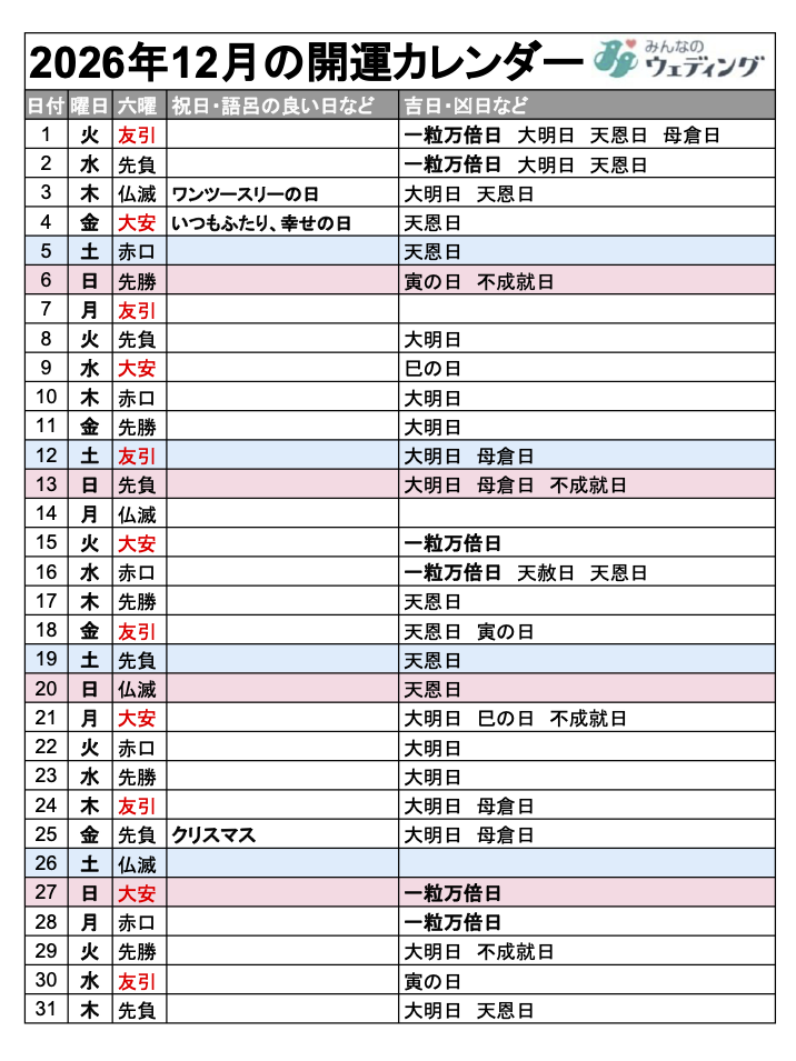 2026年12月のカレンダー