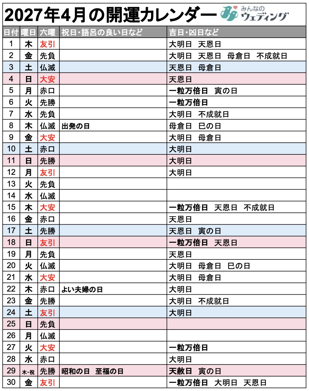 2027年4月のカレンダー