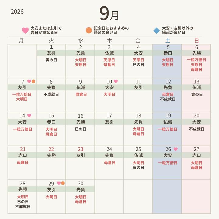2026年9月の縁起が良い日】大安・友引と重なる一粒万倍日に必見！入籍 