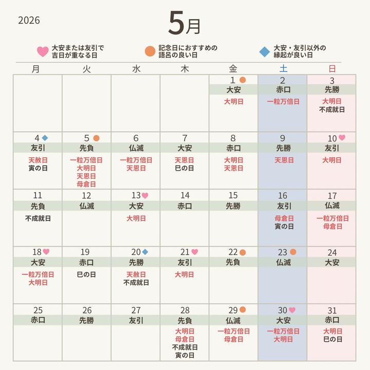 2026年5月の縁起がいい日】5月後半は大安×一粒万倍日が重なる開運日 