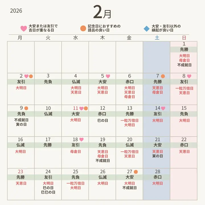 2026年2月の縁起がいい日】2月後半は大安×絆の日や祝日の吉日も！入籍 