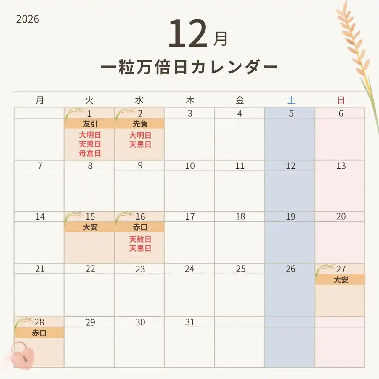 2026年12月の一粒万倍日カレンダー