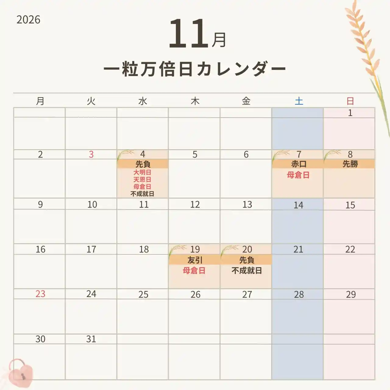 2026年11月の一粒万倍日カレンダー