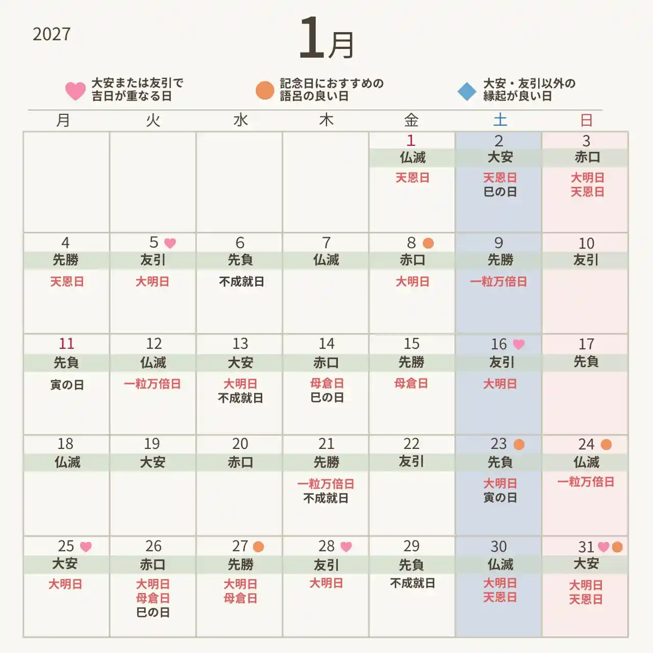 2027年1月の縁起のいい日カレンダー