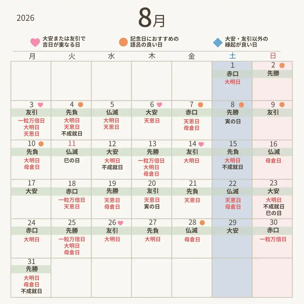 2026年8月の縁起がいい日カレンダー