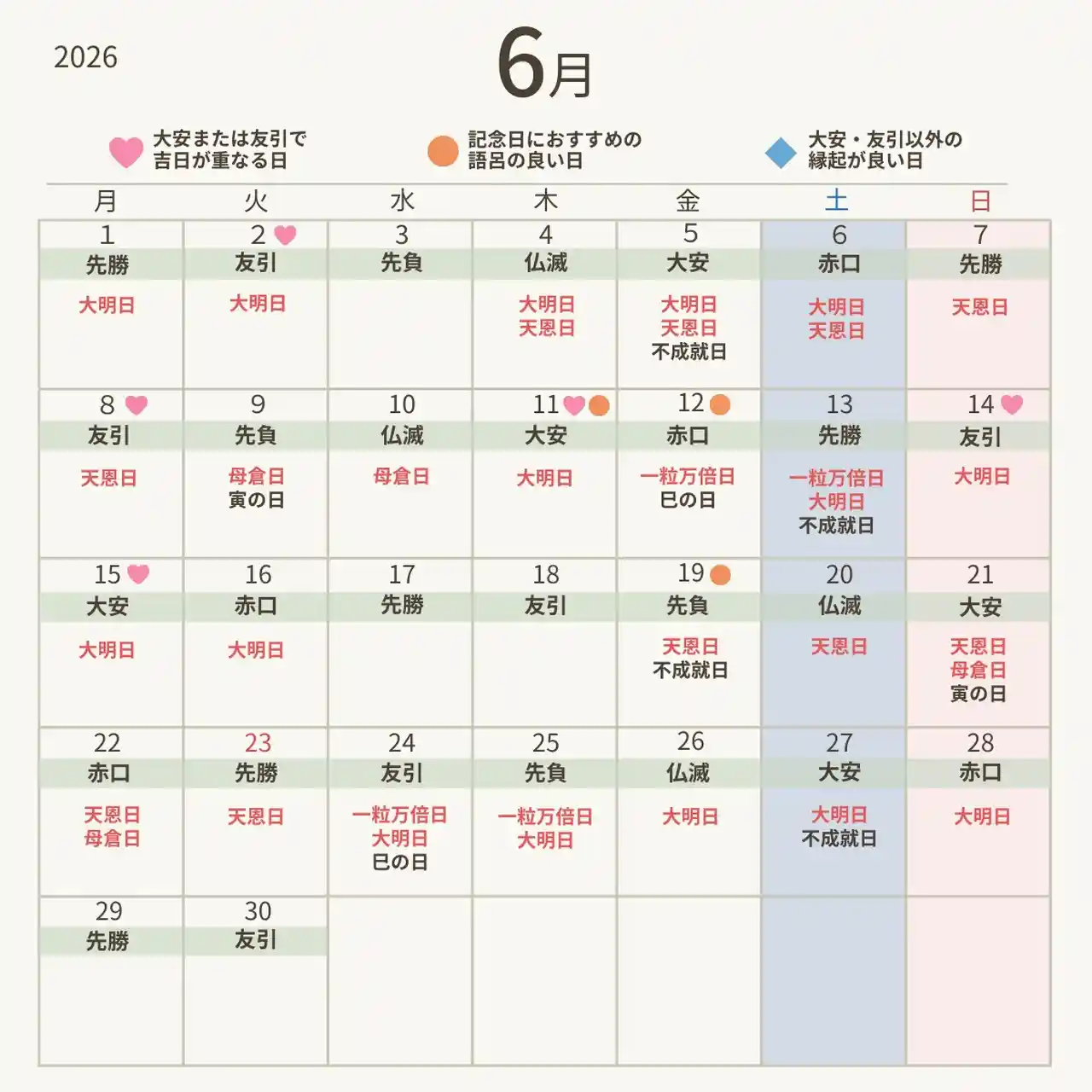 2026年6月の縁起がいい日カレンダー
