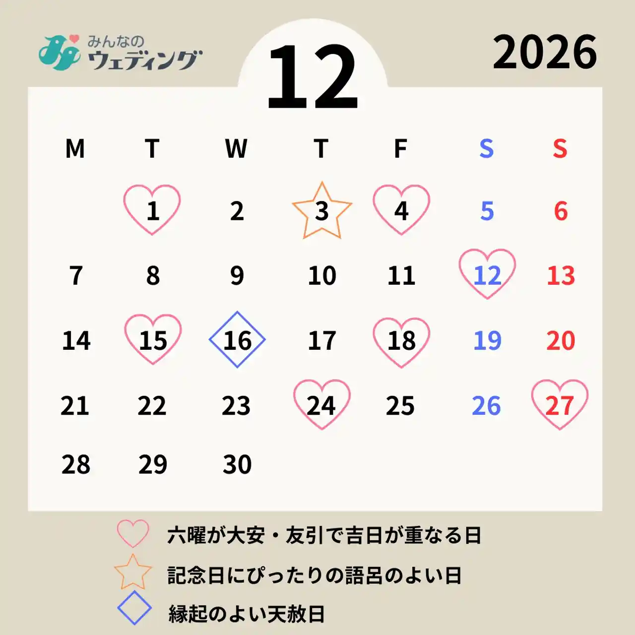 2026年12月の縁起がいい日カレンダー