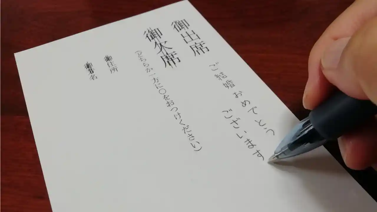 返信ハガキにメッセージを書いている