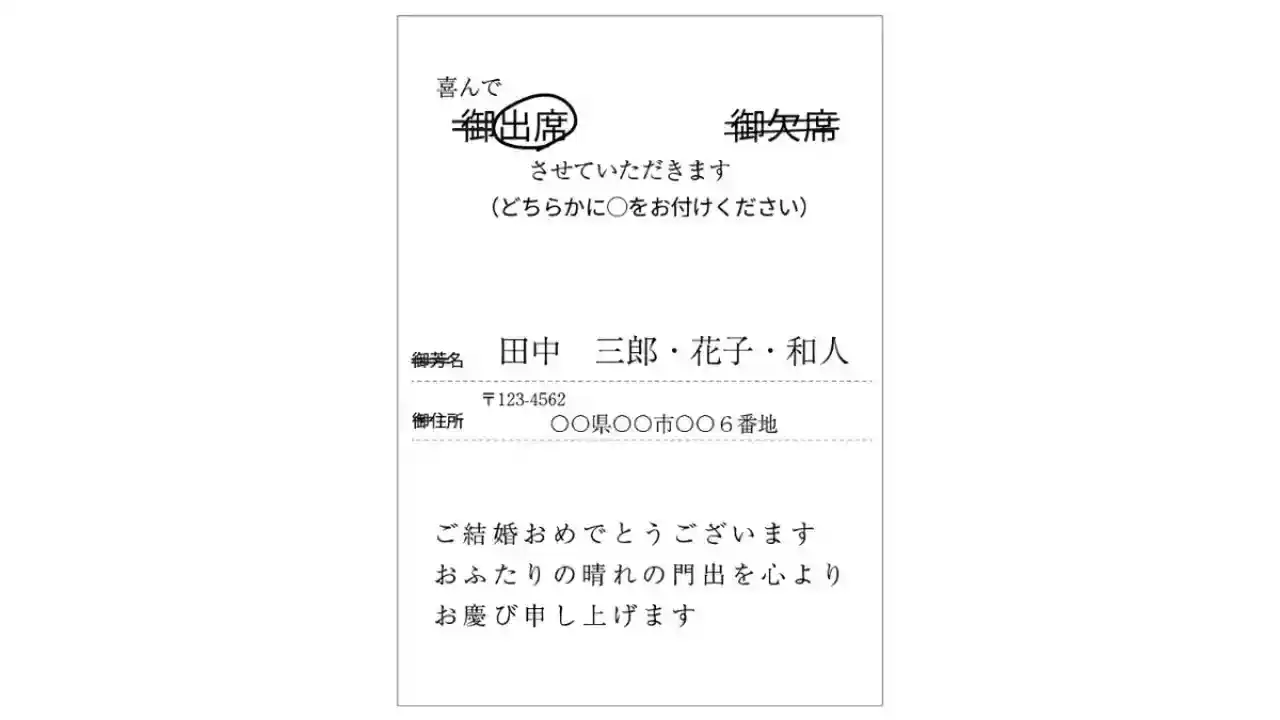 招待状返信ハガキ裏面の書き方（連名）