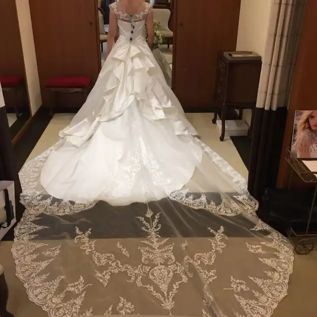 繊細な刺繍が施されたシンプルなデザインのロングトレーン