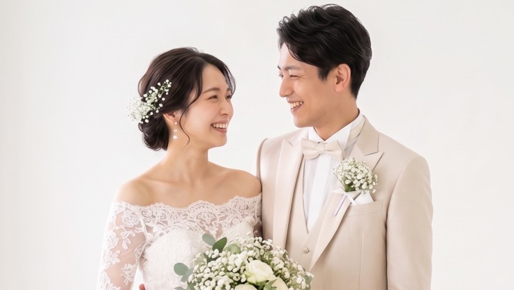 幸せな笑顔の新郎新婦